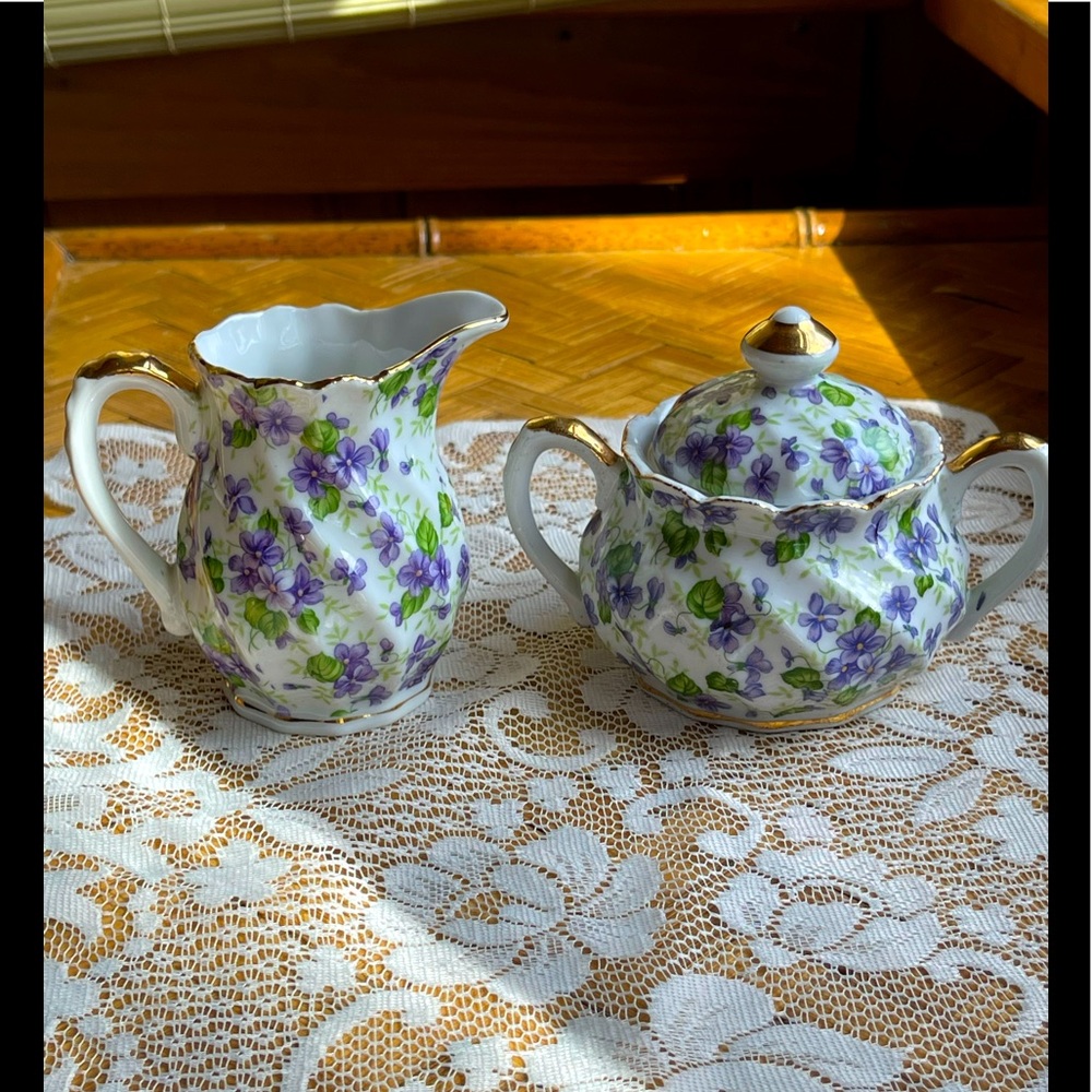 Vintage Lefton China Violets Cream & Sugar Tea Set with Gold Gilt